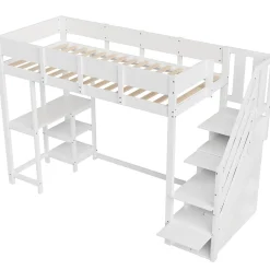 Lit mezzanine 90x200 cm - Lit avec rangement et étagère intégrée - Pin massif - Sans matelas - Blanc