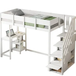 Lit mezzanine 90x200 cm - Lit avec rangement et étagère intégrée - Pin massif - Sans matelas - Blanc