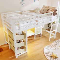 Lit Mezzanine 90x200 cm - Lit Ado avec LED Intégrée, Tiroirs en Tissu et Crochets pour Vêtements, en Métal - Sans Matelas Blanc