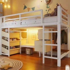 Lit Mezzanine 90x200 cm - Lit Ado avec LED Intégrée, Tiroirs en Tissu et Crochets pour Vêtements, en Métal - Sans Matelas Blanc