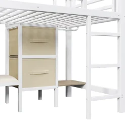 Lit Mezzanine 90x200 cm - Lit Ado avec LED Intégrée, Tiroirs en Tissu et Crochets pour Vêtements, en Métal - Sans Matelas Blanc