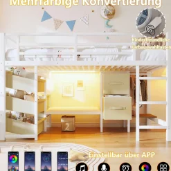 Lit Mezzanine 90x200 cm - Lit Ado avec LED Intégrée, Tiroirs en Tissu et Crochets pour Vêtements, en Métal - Sans Matelas Blanc