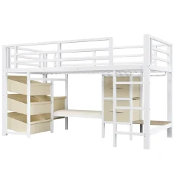 Lit Mezzanine 90x200 cm - Lit Ado avec LED Intégrée, Tiroirs en Tissu et Crochets pour Vêtements, en Métal - Sans Matelas Blanc