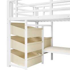 Lit Mezzanine 90x200 cm - Lit Ado avec LED Intégrée, Tiroirs en Tissu et Crochets pour Vêtements, en Métal - Sans Matelas Blanc