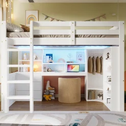Lit Mezzanine 140x200 cm - Lit Ado avec LED et Bureau - Armoire et Tiroirs de Rangement Intégrés - sans Matelas - Blanc