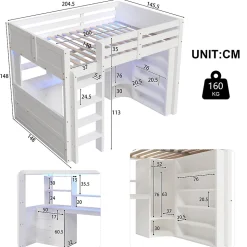 Lit Mezzanine 140x200 cm - Lit Ado avec LED et Bureau - Armoire et Tiroirs de Rangement Intégrés - sans Matelas - Blanc