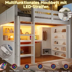 Lit Mezzanine 140x200 cm - Lit Ado avec LED et Bureau - Armoire et Tiroirs de Rangement Intégrés - sans Matelas - Blanc