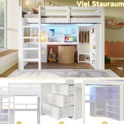 Lit Mezzanine 140x200 cm - Lit Ado avec LED et Bureau - Armoire et Tiroirs de Rangement Intégrés - sans Matelas - Blanc