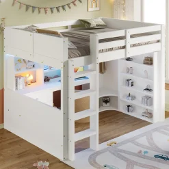 Lit Mezzanine 140x200 cm - Lit Ado avec LED et Bureau - Armoire et Tiroirs de Rangement Intégrés - sans Matelas - Blanc
