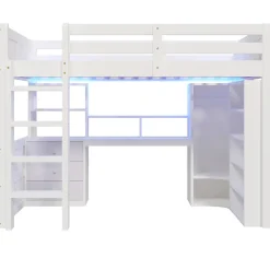 Lit Mezzanine 140x200 cm - Lit Ado avec LED et Bureau - Armoire et Tiroirs de Rangement Intégrés - sans Matelas - Blanc