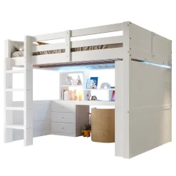 Lit Mezzanine 140x200 cm - Lit Ado avec LED et Bureau - Armoire et Tiroirs de Rangement Intégrés - sans Matelas - Blanc