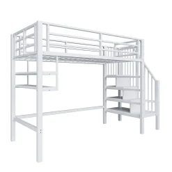 Lit mezzanine 90x200 cm - Lit avec rangement sous escalier et étagères intégrées - Métal et MDF - Sans matelas - Blanc