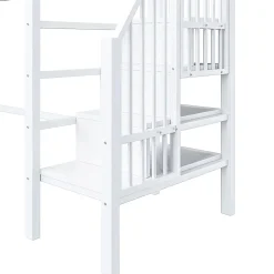 Lit mezzanine 90x200 cm - Lit avec rangement sous escalier et étagères intégrées - Métal et MDF - Sans matelas - Blanc