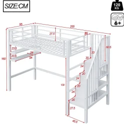 Lit mezzanine 90x200 cm - Lit avec rangement sous escalier et étagères intégrées - Métal et MDF - Sans matelas - Blanc