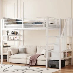 Lit mezzanine 90x200 cm - Lit avec rangement sous escalier et étagères intégrées - Métal et MDF - Sans matelas - Blanc