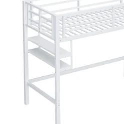 Lit mezzanine 90x200 cm - Lit avec rangement sous escalier et étagères intégrées - Métal et MDF - Sans matelas - Blanc