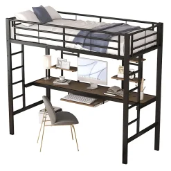 Lit Mezzanine 90x200 cm - Lit Ado avec Bureau Intégré et Espace de Rangement, Sans Matelas, en Métal et MDF, Noir