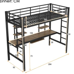 Lit Mezzanine 90x200 cm - Lit Ado avec Bureau Intégré et Espace de Rangement, Sans Matelas, en Métal et MDF, Noir