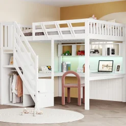Lit Mezzanine 140x200 cm - Lit Ado avec Escalier et Rangement, Bureau Intégré avec LED et USB - Sans Matelas - Bois Blanc