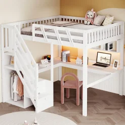 Lit Mezzanine 140x200 cm - Lit Ado avec Escalier et Rangement, Bureau Intégré avec LED et USB - Sans Matelas - Bois Blanc