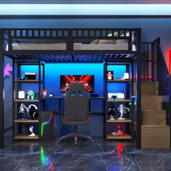 Lit Mezzanine 90x200 cm - Lit Ado Simple avec Bureau, Escalier Rangement et LED - Métal et MDF - sans Matelas - Noir