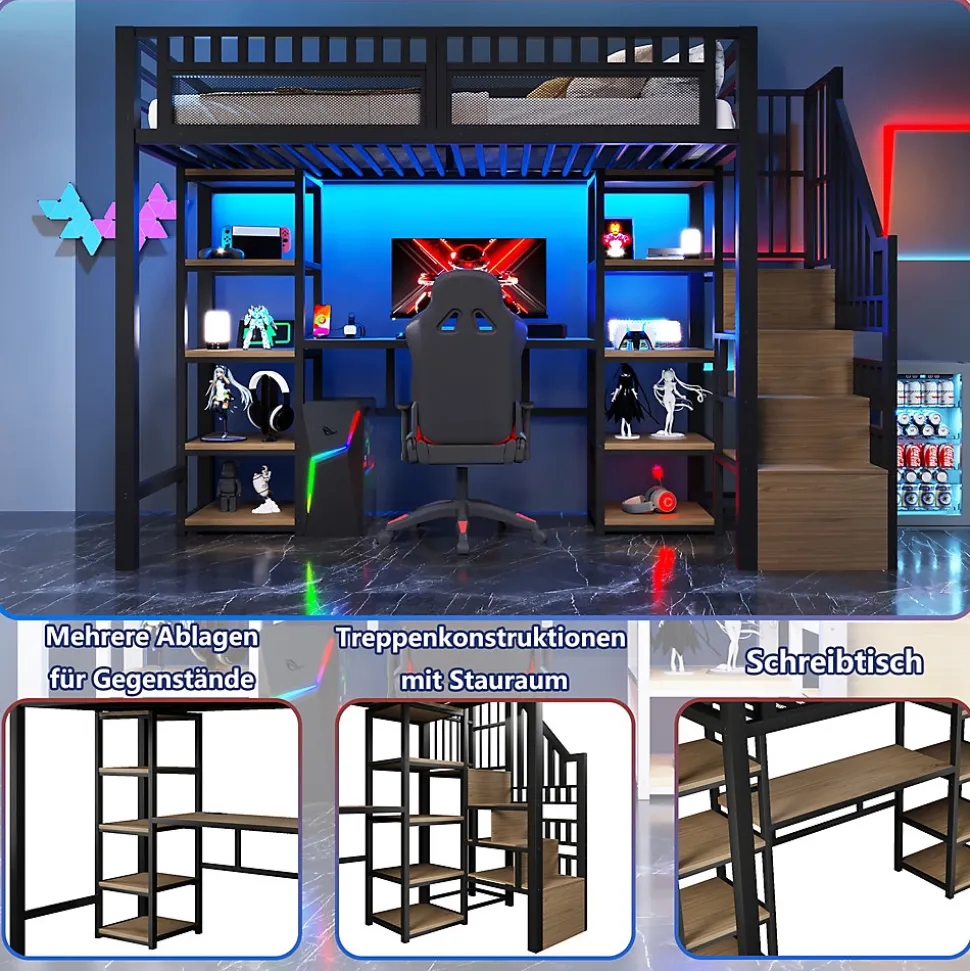 Lit Mezzanine 90x200 cm - Lit Ado Simple avec Bureau, Escalier Rangement et LED - Métal et MDF - sans Matelas - Noir