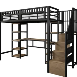 Lit Mezzanine 90x200 cm - Lit Ado Simple avec Bureau, Escalier Rangement et LED - Métal et MDF - sans Matelas - Noir