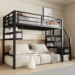 Lit mezzanine 90x200 cm - Lit avec rangement sous escalier et étagères intégrées - Métal et MDF - Sans matelas - Noir