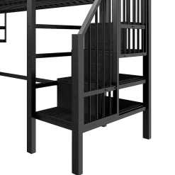 Lit mezzanine 90x200 cm - Lit avec rangement sous escalier et étagères intégrées - Métal et MDF - Sans matelas - Noir