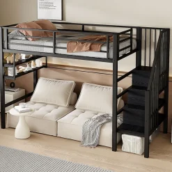 Lit mezzanine 90x200 cm - Lit avec rangement sous escalier et étagères intégrées - Métal et MDF - Sans matelas - Noir