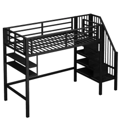 Lit mezzanine 90x200 cm - Lit avec rangement sous escalier et étagères intégrées - Métal et MDF - Sans matelas - Noir