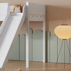 Lit mezzanine 90x200 cm - Lit avec échelle à 3 marches, toboggan et étagère amovible - Pin + MDF - Sans matelas - Blanc + Naturel