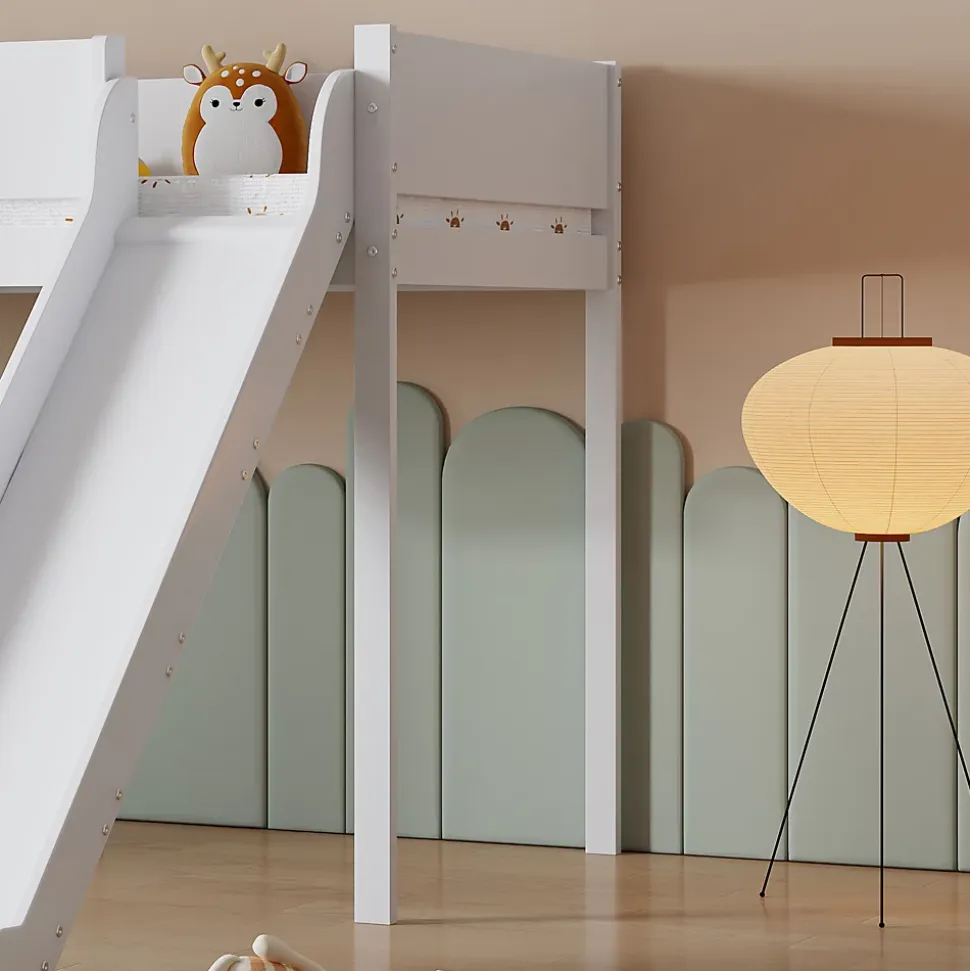 Lit mezzanine 90x200 cm - Lit avec échelle à 3 marches, toboggan et étagère amovible - Pin + MDF - Sans matelas - Blanc + Naturel