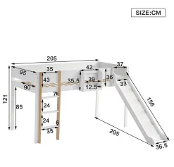 Lit mezzanine 90x200 cm - Lit avec échelle à 3 marches, toboggan et étagère amovible - Pin + MDF - Sans matelas - Blanc + Naturel