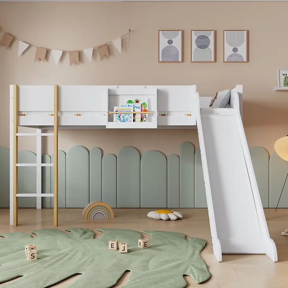 Lit mezzanine 90x200 cm - Lit avec échelle à 3 marches, toboggan et étagère amovible - Pin + MDF - Sans matelas - Blanc + Naturel