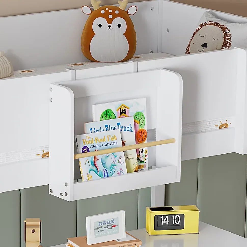 Lit mezzanine 90x200 cm - Lit avec échelle à 3 marches, toboggan et étagère amovible - Pin + MDF - Sans matelas - Blanc + Naturel