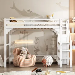 Lit mezzanine 140x200 cm - Lit avec sommier à lattes et penderie - Pin + MDF - Sans matelas - Blanc