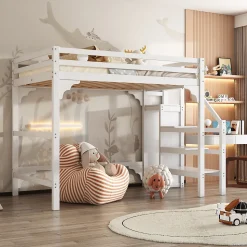 Lit mezzanine 140x200 cm - Lit avec sommier à lattes et penderie - Pin + MDF - Sans matelas - Blanc