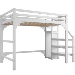 Lit mezzanine 140x200 cm - Lit avec sommier à lattes et penderie - Pin + MDF - Sans matelas - Blanc