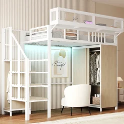 Lit Mezzanine 90x200 cm - Lit Ado avec Armoire et Éclairage LED, Garde-Corps en Filet - Sans Matelas - Métal et MDF - Blanc