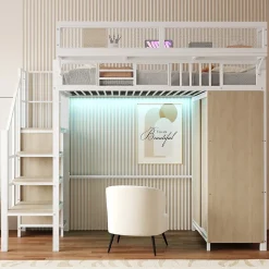 Lit Mezzanine 90x200 cm - Lit Ado avec Armoire et Éclairage LED, Garde-Corps en Filet - Sans Matelas - Métal et MDF - Blanc