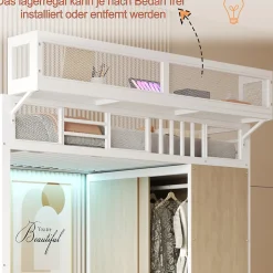 Lit Mezzanine 90x200 cm - Lit Ado avec Armoire et Éclairage LED, Garde-Corps en Filet - Sans Matelas - Métal et MDF - Blanc