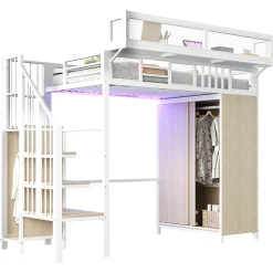 Lit Mezzanine 90x200 cm - Lit Ado avec Armoire et Éclairage LED, Garde-Corps en Filet - Sans Matelas - Métal et MDF - Blanc