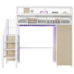Lit Mezzanine 90x200 cm - Lit Ado avec Armoire et Éclairage LED, Garde-Corps en Filet - Sans Matelas - Métal et MDF - Blanc