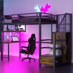 Lit Mezzanine 90x200 cm - Lit Ado avec Bureau et Armoire Intégrés, LED et Prise USB - Sans Matelas - Métal et MDF - Noir