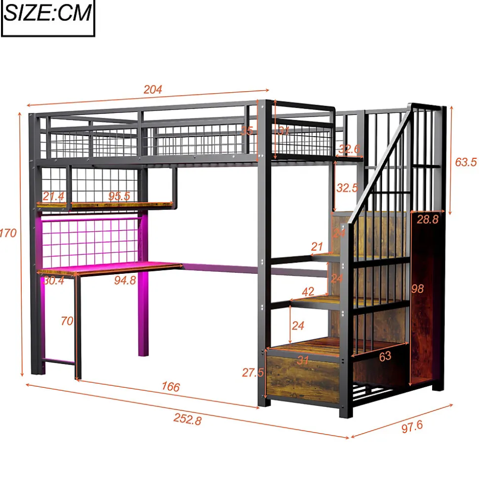 Lit Mezzanine 90x200 cm - Lit Ado avec Bureau et Armoire Intégrés, LED et Prise USB - Sans Matelas - Métal et MDF - Noir