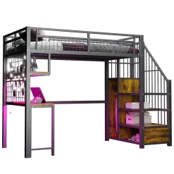 Lit Mezzanine 90x200 cm - Lit Ado avec Bureau et Armoire Intégrés, LED et Prise USB - Sans Matelas - Métal et MDF - Noir