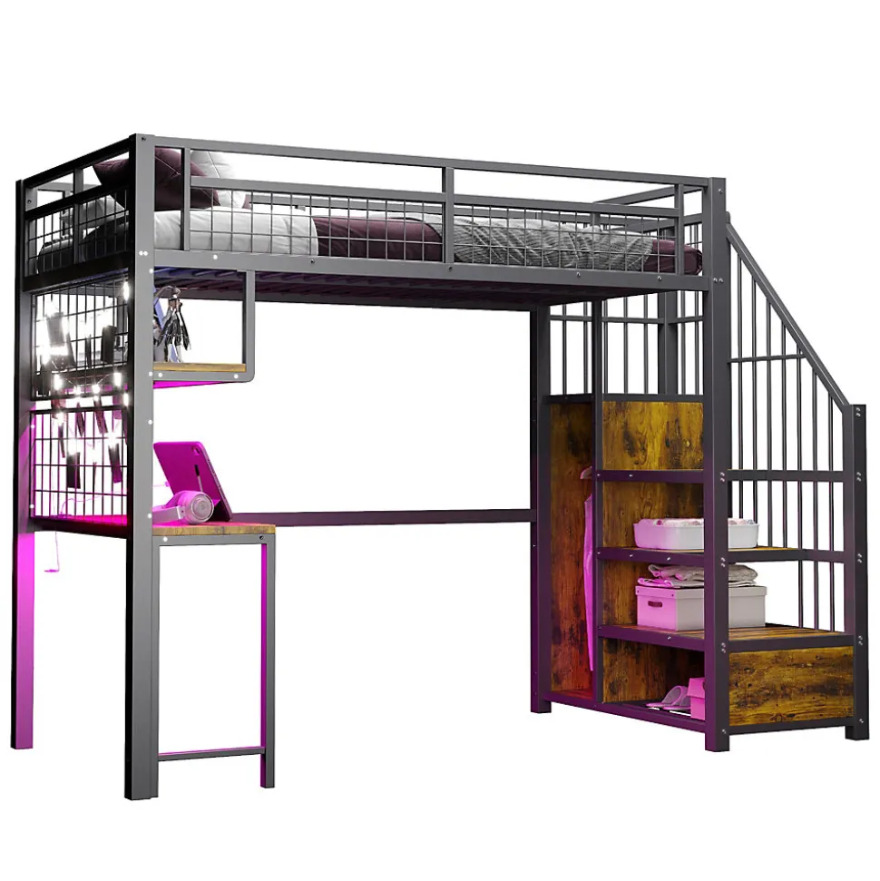 Lit Mezzanine 90x200 cm - Lit Ado avec Bureau et Armoire Intégrés, LED et Prise USB - Sans Matelas - Métal et MDF - Noir