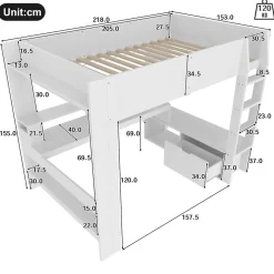 Lit mezzanine 140x200 cm - Lit avec bureau intégré et LED 16 s - Pin et MDF - Sans matelas - Blanc