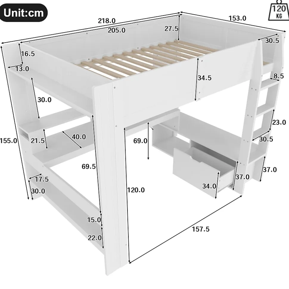 Lit mezzanine 140x200 cm - Lit avec bureau intégré et LED 16 s - Pin et MDF - Sans matelas - Blanc